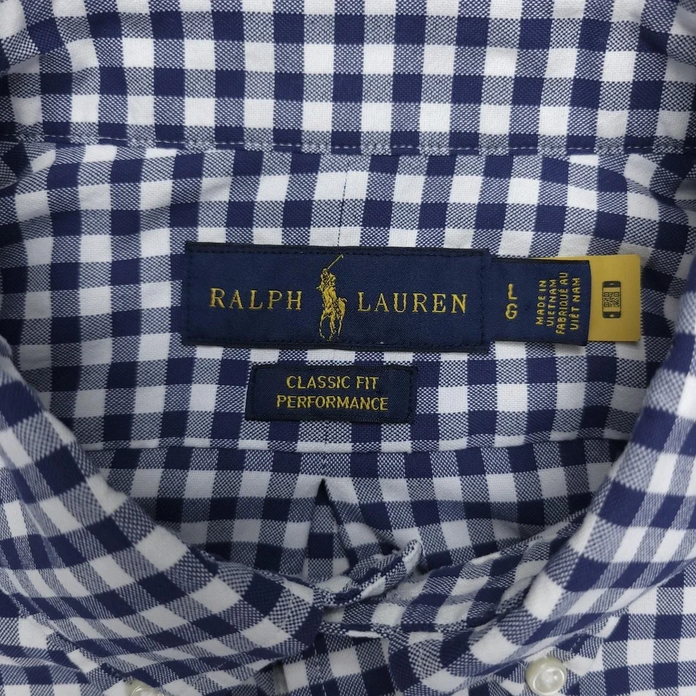 Ralph Lauren Classic Fit Performance Shirt Mens Large Blue‎ Check Long Sleeve